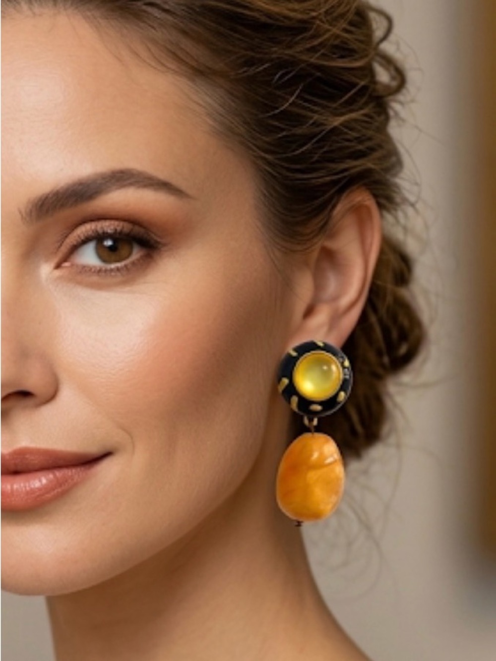 Vintage Style Black & Gold Enamel Drop Earrings